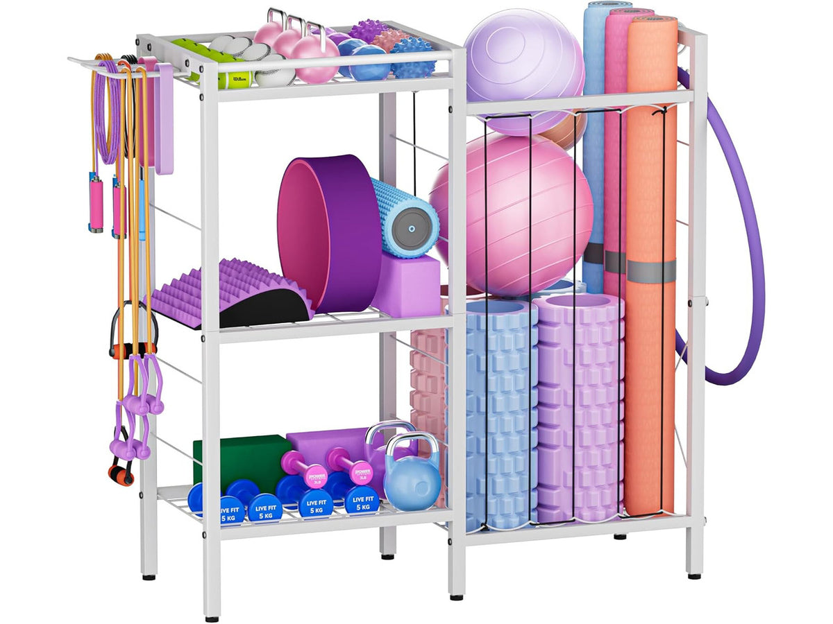 3 Tiers Dumbbells Yoga Mat Storage Rack with Elastic Straps for Kettlebells Foam Roller Resistance Bands Balls, Workout Equipment Organizer Weight Storage Holder with Hooks for Home Gym