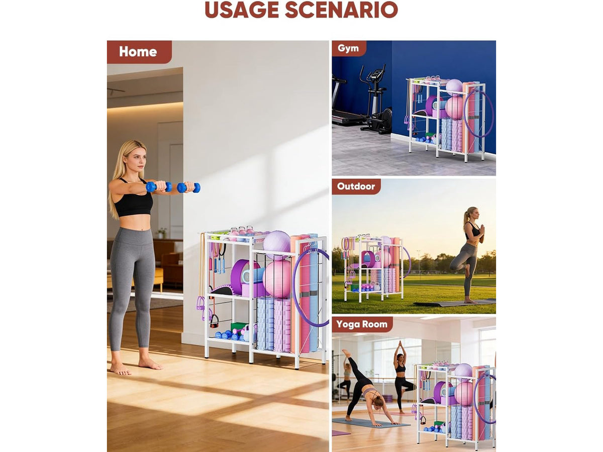 3 Tiers Dumbbells Yoga Mat Storage Rack with Elastic Straps for Kettlebells Foam Roller Resistance Bands Balls, Workout Equipment Organizer Weight Storage Holder with Hooks for Home Gym