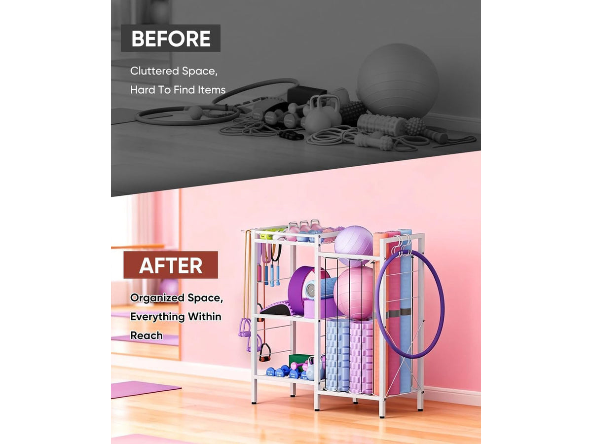 3 Tiers Dumbbells Yoga Mat Storage Rack with Elastic Straps for Kettlebells Foam Roller Resistance Bands Balls, Workout Equipment Organizer Weight Storage Holder with Hooks for Home Gym