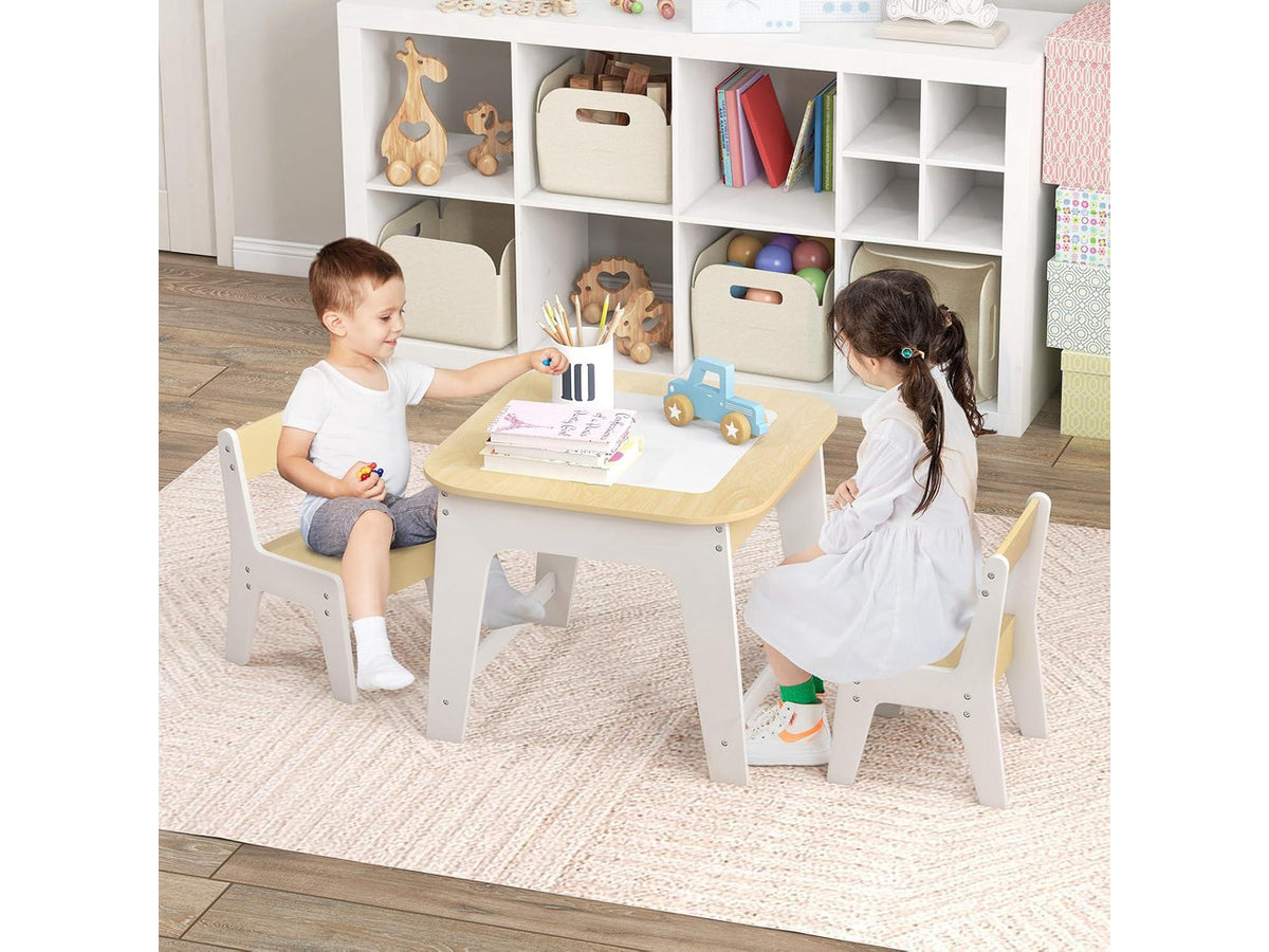Costzon Kids Table and Chair Set, 3-in-1 Wooden Activity Table with Removable Tabletop, Blackboard & Whiteboard, Storage Space for Arts Crafts Nursery Preschool, Toddler Table and Chairs (Natural)