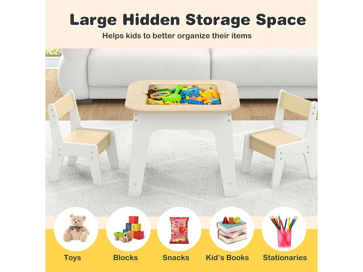 Costzon Kids Table and Chair Set, 3-in-1 Wooden Activity Table with Removable Tabletop, Blackboard & Whiteboard, Storage Space for Arts Crafts Nursery Preschool, Toddler Table and Chairs (Natural)