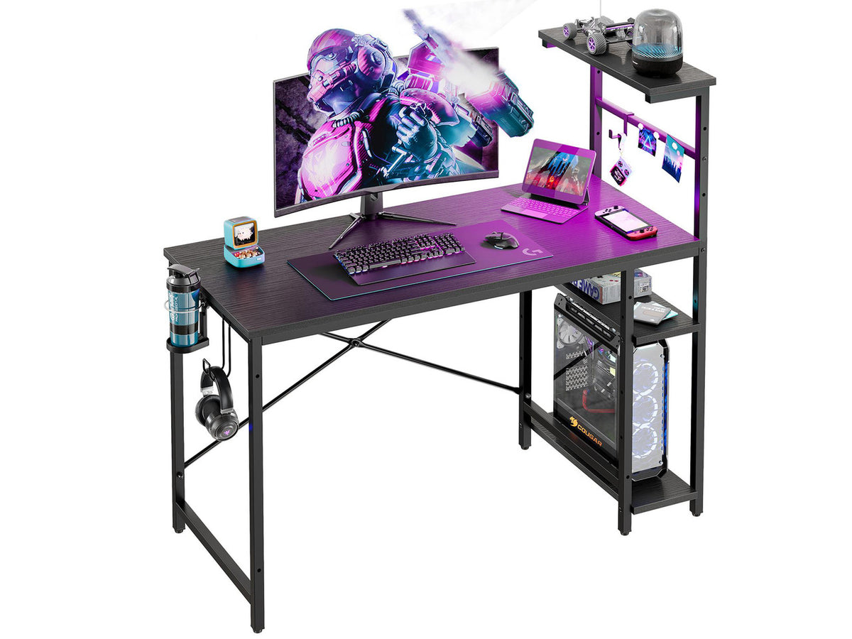 Bestier 44" RGB LED Gaming Desk with Adjustable Storage Shelves, Foldable Cup Holder & Headphone Hook for Gaming Room/Office, Black