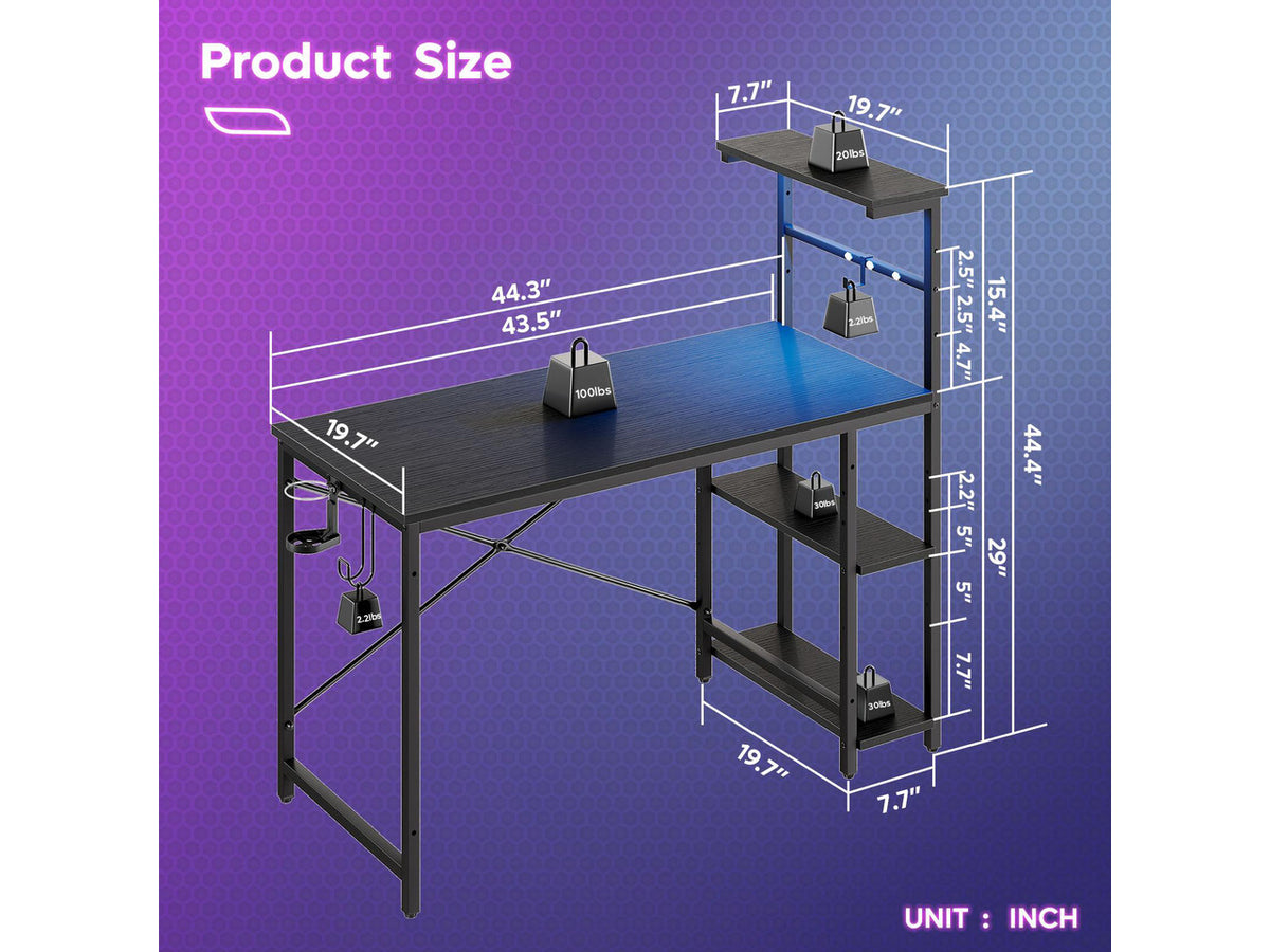 Bestier 44" RGB LED Gaming Desk with Adjustable Storage Shelves, Foldable Cup Holder & Headphone Hook for Gaming Room/Office, Black