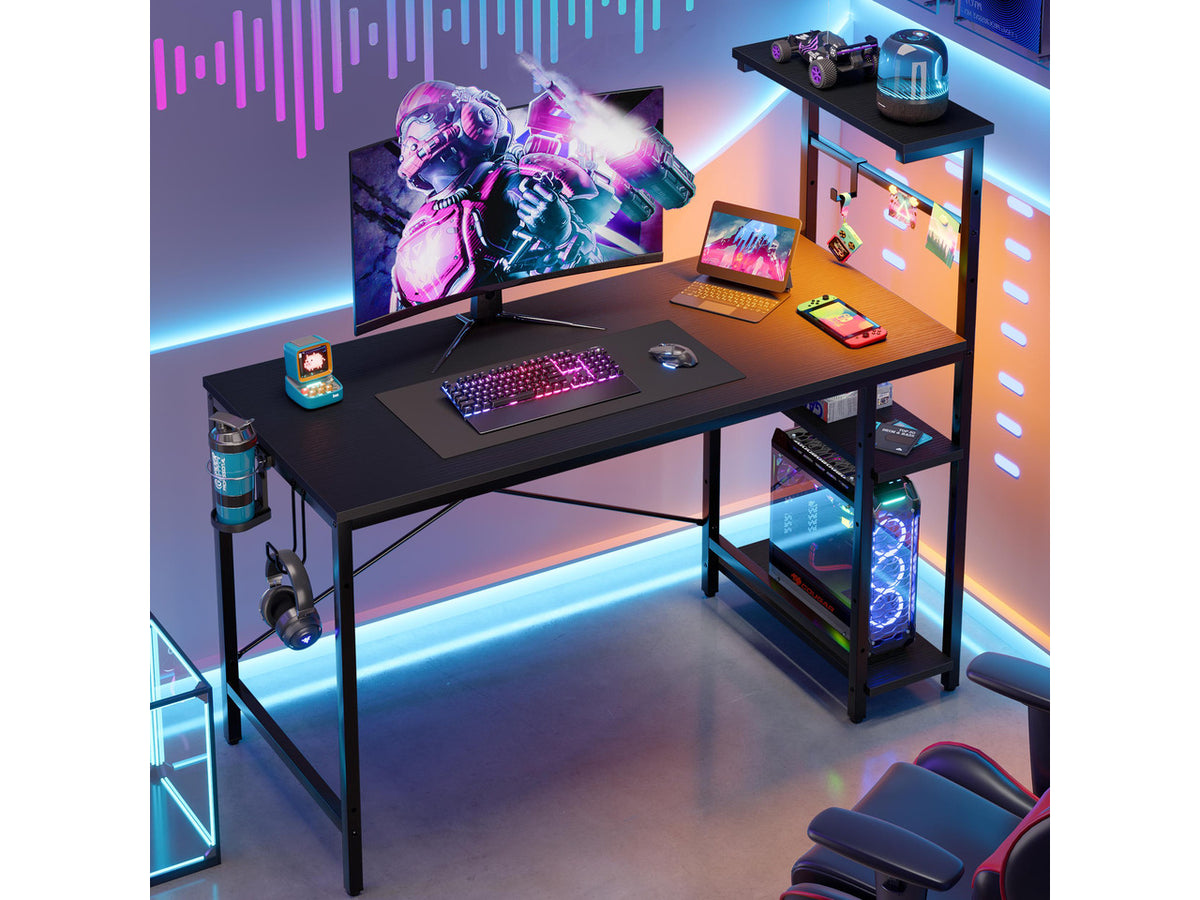 Bestier 44" RGB LED Gaming Desk with Adjustable Storage Shelves, Foldable Cup Holder & Headphone Hook for Gaming Room/Office, Black