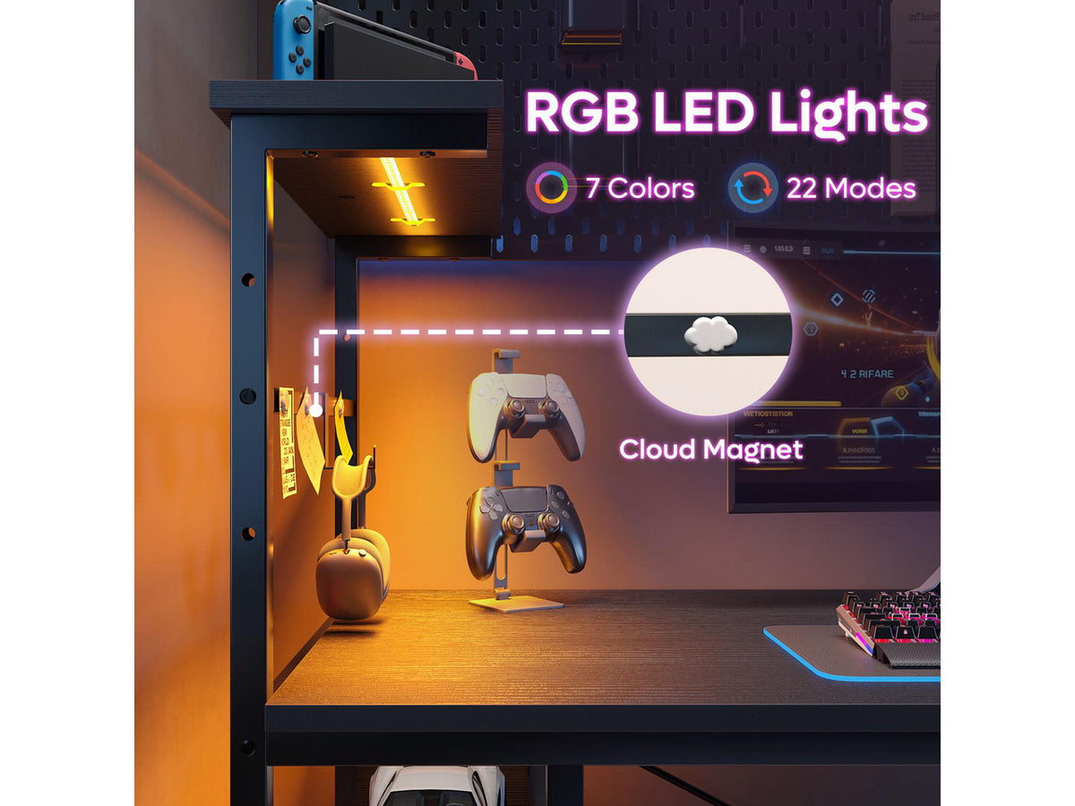 Bestier 44" RGB LED Gaming Desk with Adjustable Storage Shelves, Foldable Cup Holder & Headphone Hook for Gaming Room/Office, Black