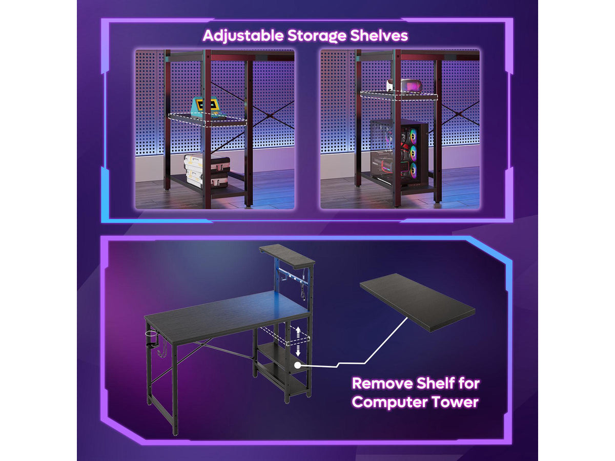 Bestier 44" RGB LED Gaming Desk with Adjustable Storage Shelves, Foldable Cup Holder & Headphone Hook for Gaming Room/Office, Black