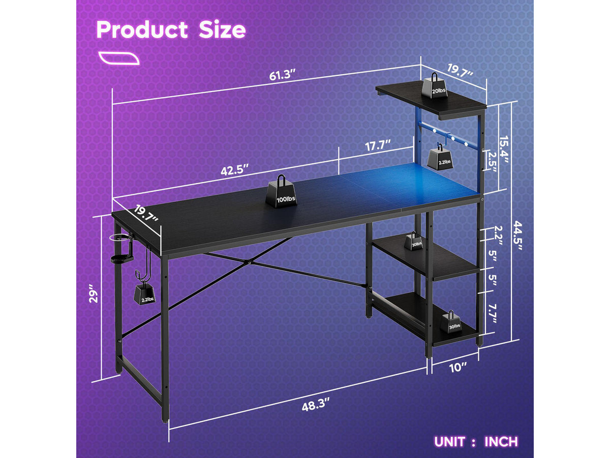 Bestier 61" Rectangular Gaming Desk with RGB LED Light, Computer Desk with Adjustable Storage Shelves, Headphone Hook, Cup holder and Magnets, Easy Assembly(Black)