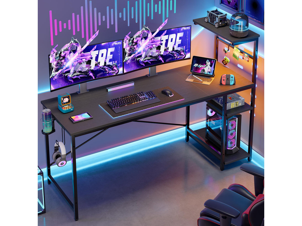 Bestier 61" Rectangular Gaming Desk with RGB LED Light, Computer Desk with Adjustable Storage Shelves, Headphone Hook, Cup holder and Magnets, Easy Assembly(Black)