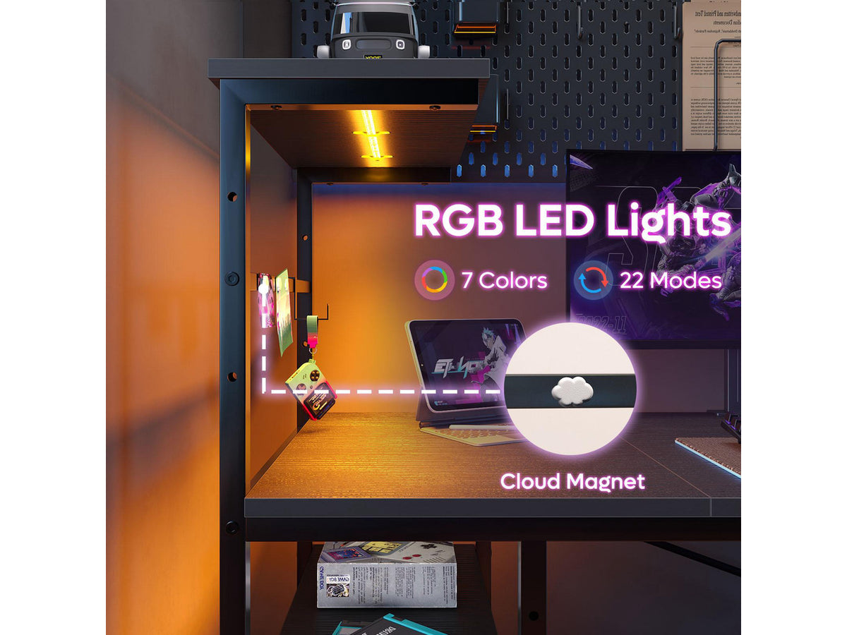 Bestier 61" Rectangular Gaming Desk with RGB LED Light, Computer Desk with Adjustable Storage Shelves, Headphone Hook, Cup holder and Magnets, Easy Assembly(Black)