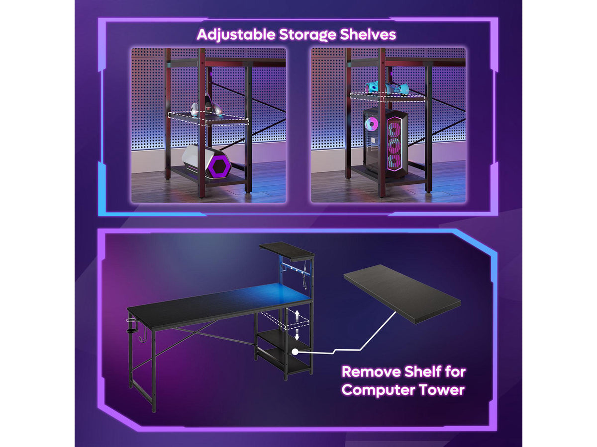 Bestier 61" Rectangular Gaming Desk with RGB LED Light, Computer Desk with Adjustable Storage Shelves, Headphone Hook, Cup holder and Magnets, Easy Assembly(Black)