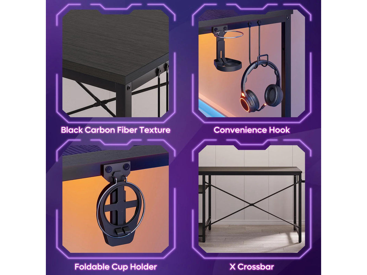 Bestier 44" RGB LED Gaming Desk with Adjustable Storage Shelves, Foldable Cup Holder & Headphone Hook for Gaming Room/Office, Black