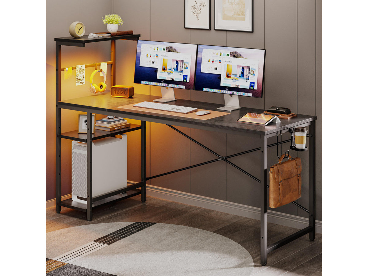 Bestier 61" Rectangular Gaming Desk with RGB LED Light, Computer Desk with Adjustable Storage Shelves, Headphone Hook, Cup holder and Magnets, Easy Assembly(Black)