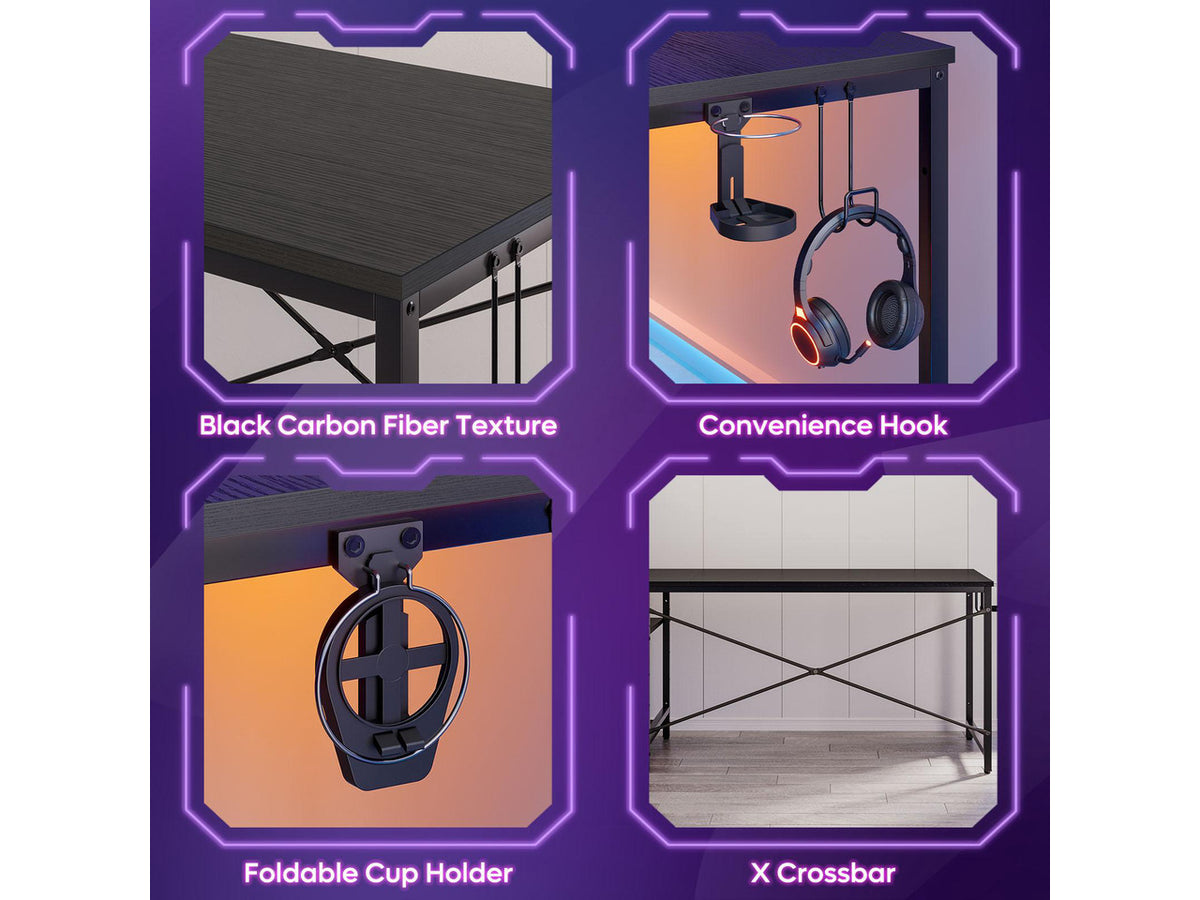 Bestier 61" Rectangular Gaming Desk with RGB LED Light, Computer Desk with Adjustable Storage Shelves, Headphone Hook, Cup holder and Magnets, Easy Assembly(Black)