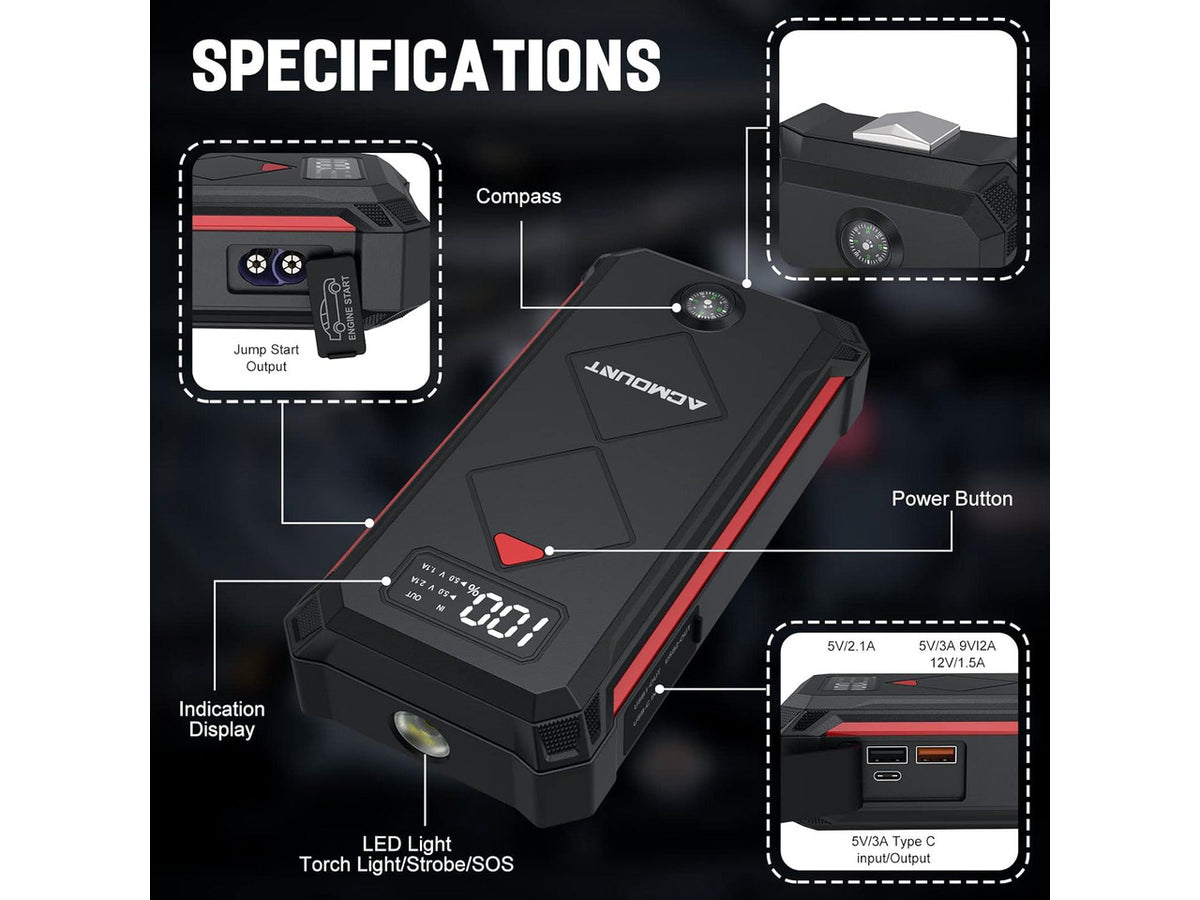 P100 Car Jump Starter, 5000A Peak Lithium Jump Starter Battery Pack for Up to 10.0L Gas or 8.0L Diesel Engine, Safe 12V Portable Battery Starter Power Pack with LED Screen & LED Light