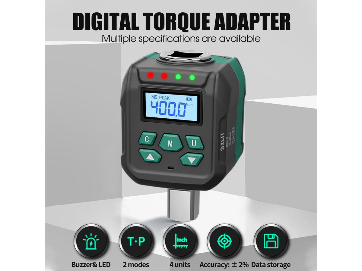 1/2" Digital Torque Adapter Set with Socket Adapters (1/4", 3/8") - 2% Accuracy, 8.8-295 ft-lb, Buzzer & LED Alerts, Working with Ratchet Wrench, Breaker Bar - for Automotive, Motorcycle & Car