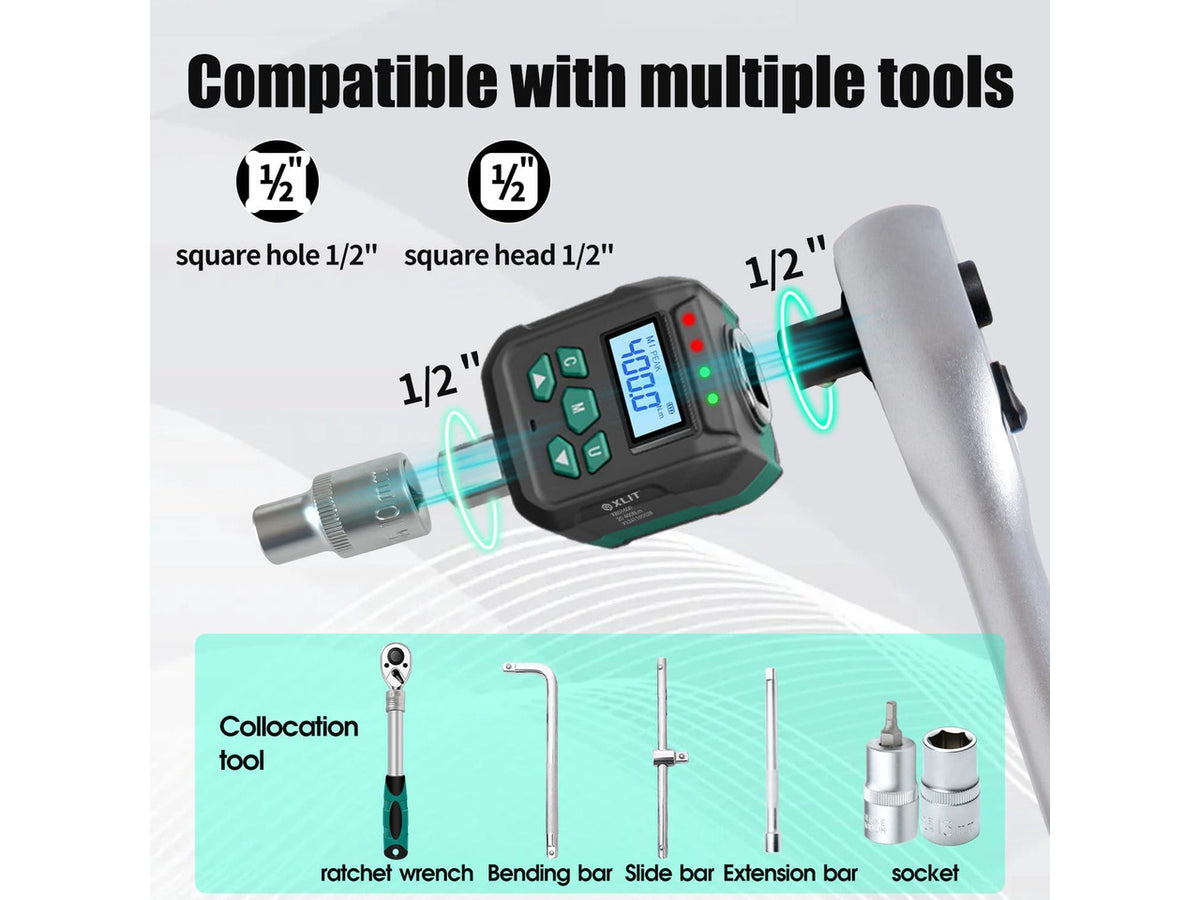 1/2" Digital Torque Adapter Set with Socket Adapters (1/4", 3/8") - 2% Accuracy, 8.8-295 ft-lb, Buzzer & LED Alerts, Working with Ratchet Wrench, Breaker Bar - for Automotive, Motorcycle & Car