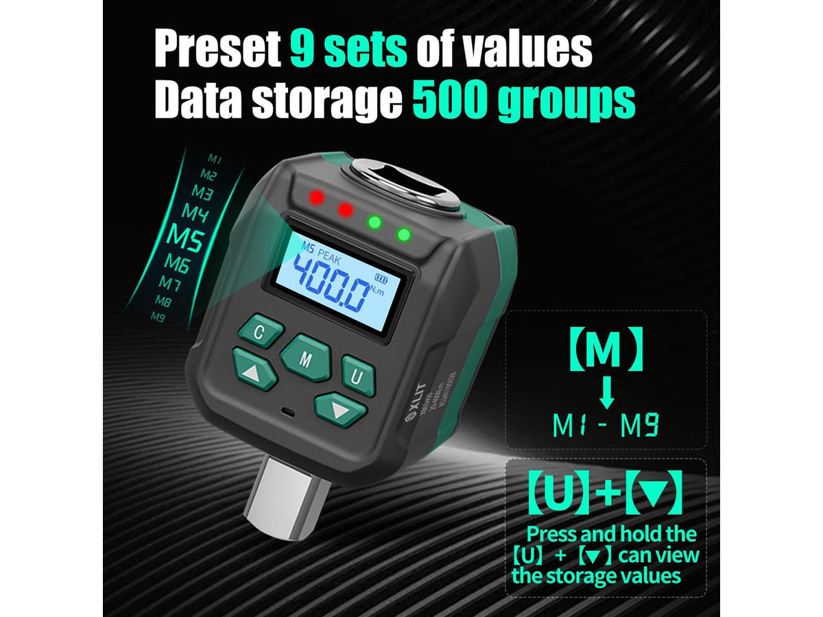 1/2" Digital Torque Adapter Set with Socket Adapters (1/4", 3/8") - 2% Accuracy, 8.8-295 ft-lb, Buzzer & LED Alerts, Working with Ratchet Wrench, Breaker Bar - for Automotive, Motorcycle & Car
