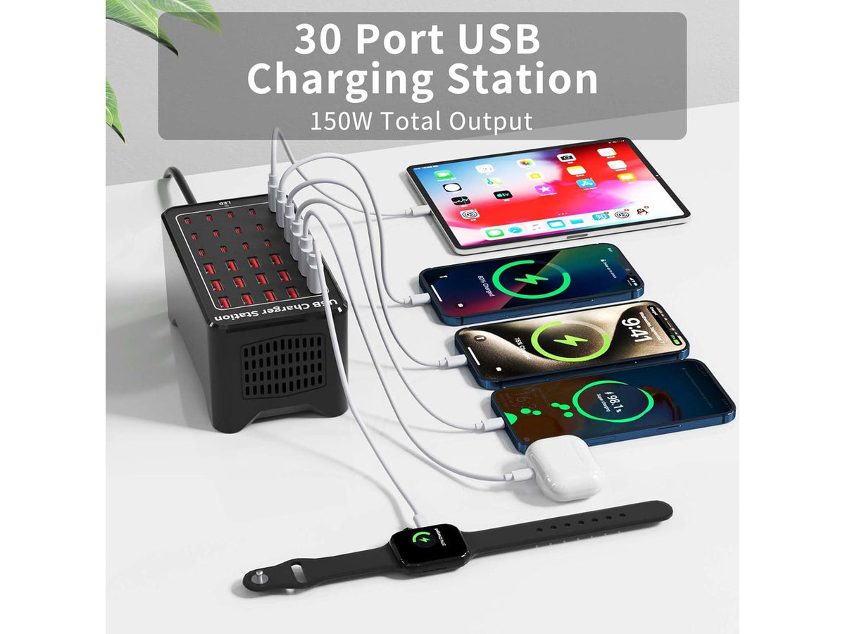 150W(30A) USB Charging Station, 30-Port USB C Charger Block, Multiple Desktop/Wall Fast Charger with Intelligent Protection Compatible with iPhone, iPad, Tablets, Smartphones