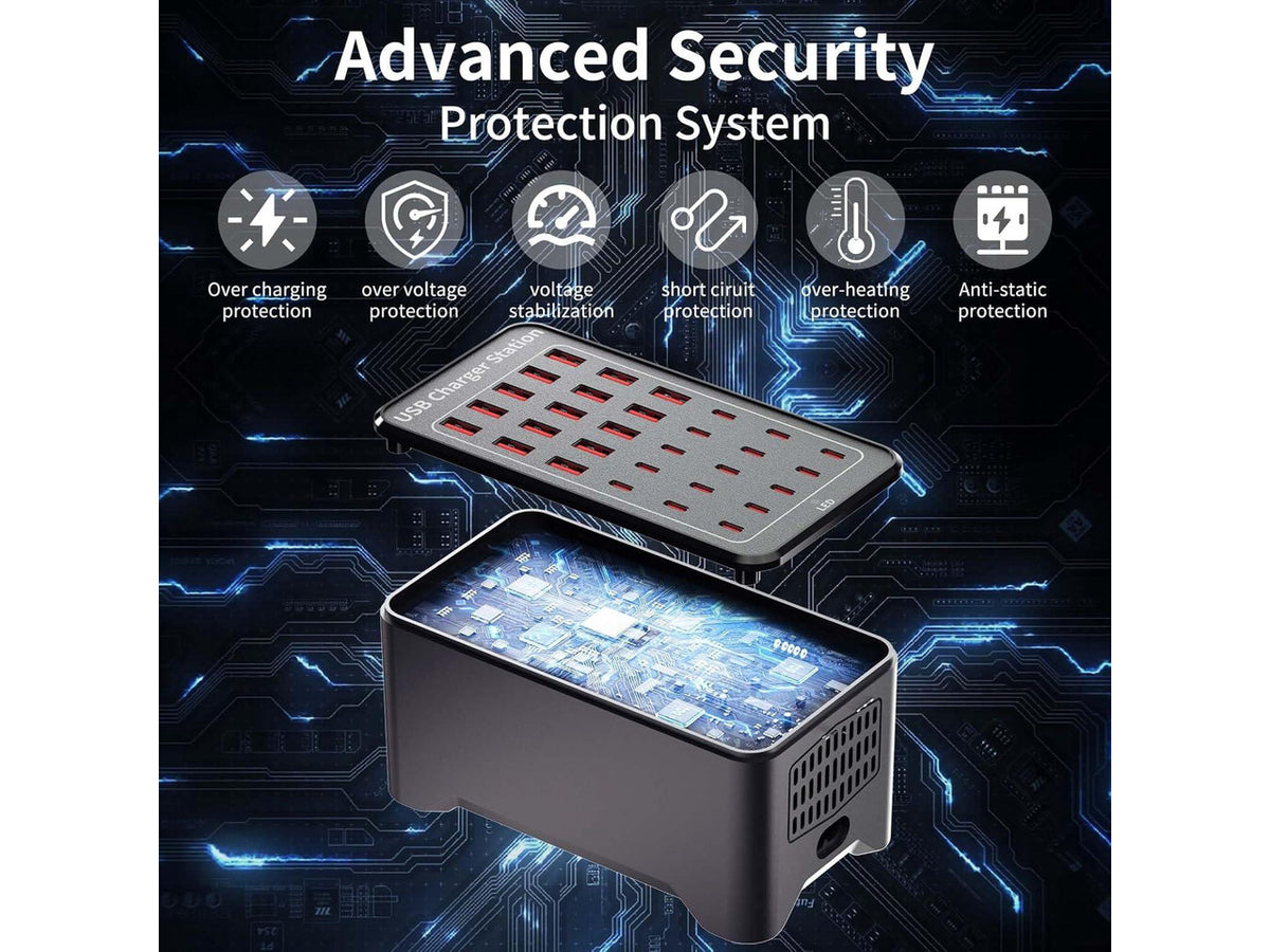150W(30A) USB Charging Station, 30-Port USB C Charger Block, Multiple Desktop/Wall Fast Charger with Intelligent Protection Compatible with iPhone, iPad, Tablets, Smartphones