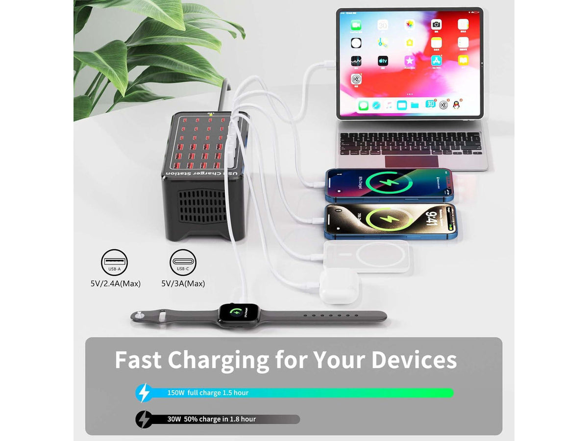 150W(30A) USB Charging Station, 30-Port USB C Charger Block, Multiple Desktop/Wall Fast Charger with Intelligent Protection Compatible with iPhone, iPad, Tablets, Smartphones