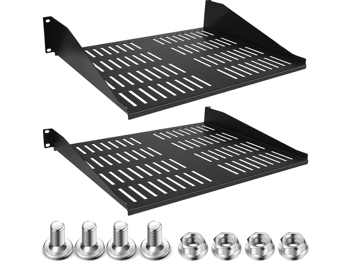 2 Pcs 1U 2U Server Rack Shelf Universal Vented Rack Mount Shelf 19 Inch Network Server Mounting Tray for Air Circulation Network Equipment and Cabinet Wall Mount, 14.5 Inch Deep