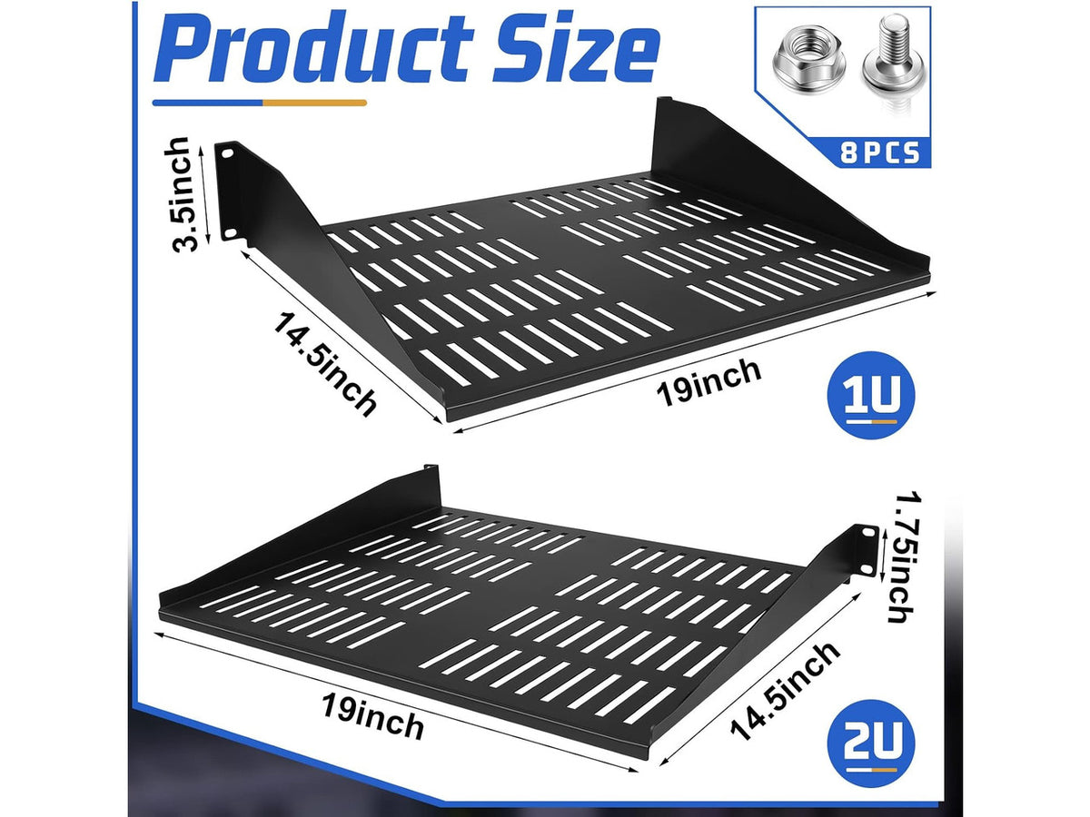 2 Pcs 1U 2U Server Rack Shelf Universal Vented Rack Mount Shelf 19 Inch Network Server Mounting Tray for Air Circulation Network Equipment and Cabinet Wall Mount, 14.5 Inch Deep