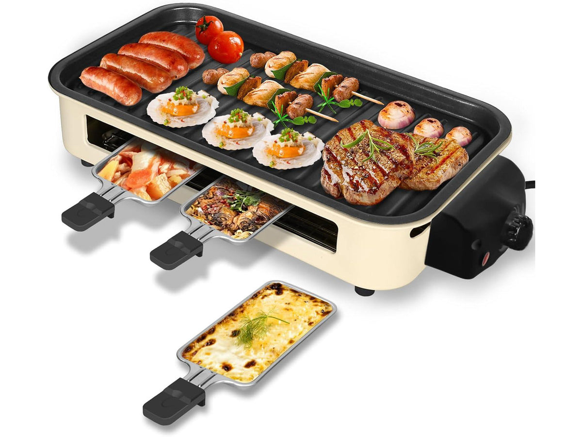 2-in-1 Indoor Smokeless Electric Grill with Raclette Cheese Plates - 1500W Korean BBQ Griddle, 16x9" Nonstick Surface, 3 Raclette Cheese Pans, Dishwasher Safe for Family, Party, Kitchen Use