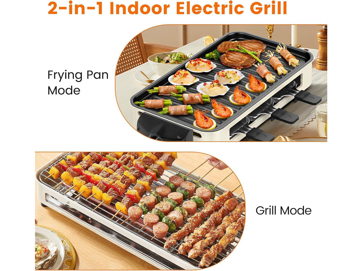 2-in-1 Indoor Smokeless Electric Grill with Raclette Cheese Plates - 1500W Korean BBQ Griddle, 16x9" Nonstick Surface, 3 Raclette Cheese Pans, Dishwasher Safe for Family, Party, Kitchen Use