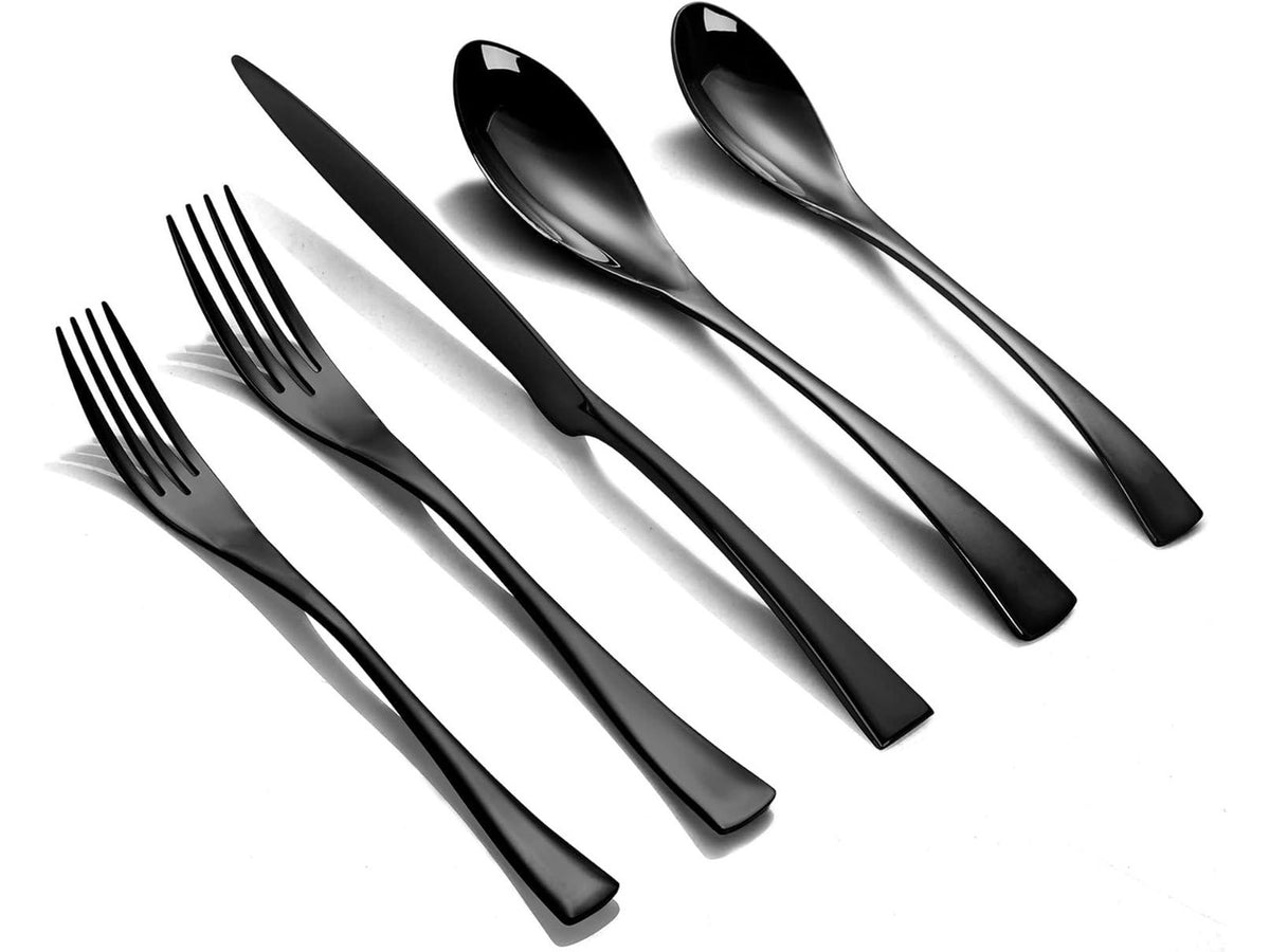 20-Piece Black Silverware Set for 4,Heavy Duty 18/10 Stainless Steel Flatware Set with Forged Stand Knife,Modern Cutlery Utensil Set,Forks Spoons and Knives Set,Mirror Polished,Dishwasher Safe