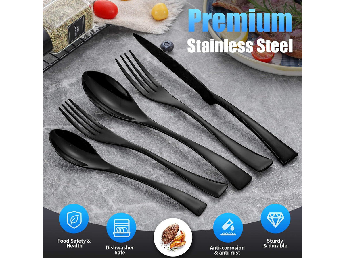 20-Piece Black Silverware Set for 4,Heavy Duty 18/10 Stainless Steel Flatware Set with Forged Stand Knife,Modern Cutlery Utensil Set,Forks Spoons and Knives Set,Mirror Polished,Dishwasher Safe
