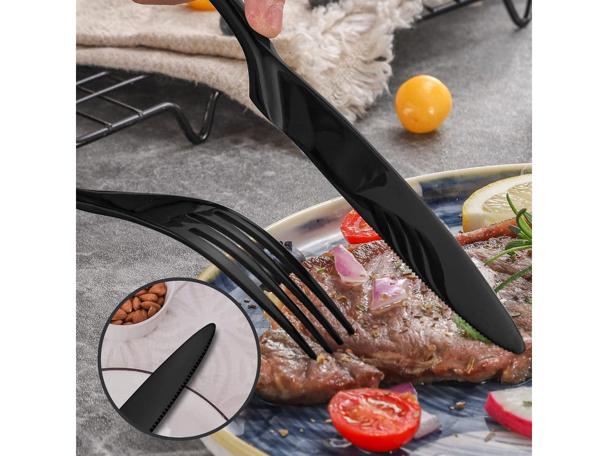 20-Piece Black Silverware Set for 4,Heavy Duty 18/10 Stainless Steel Flatware Set with Forged Stand Knife,Modern Cutlery Utensil Set,Forks Spoons and Knives Set,Mirror Polished,Dishwasher Safe
