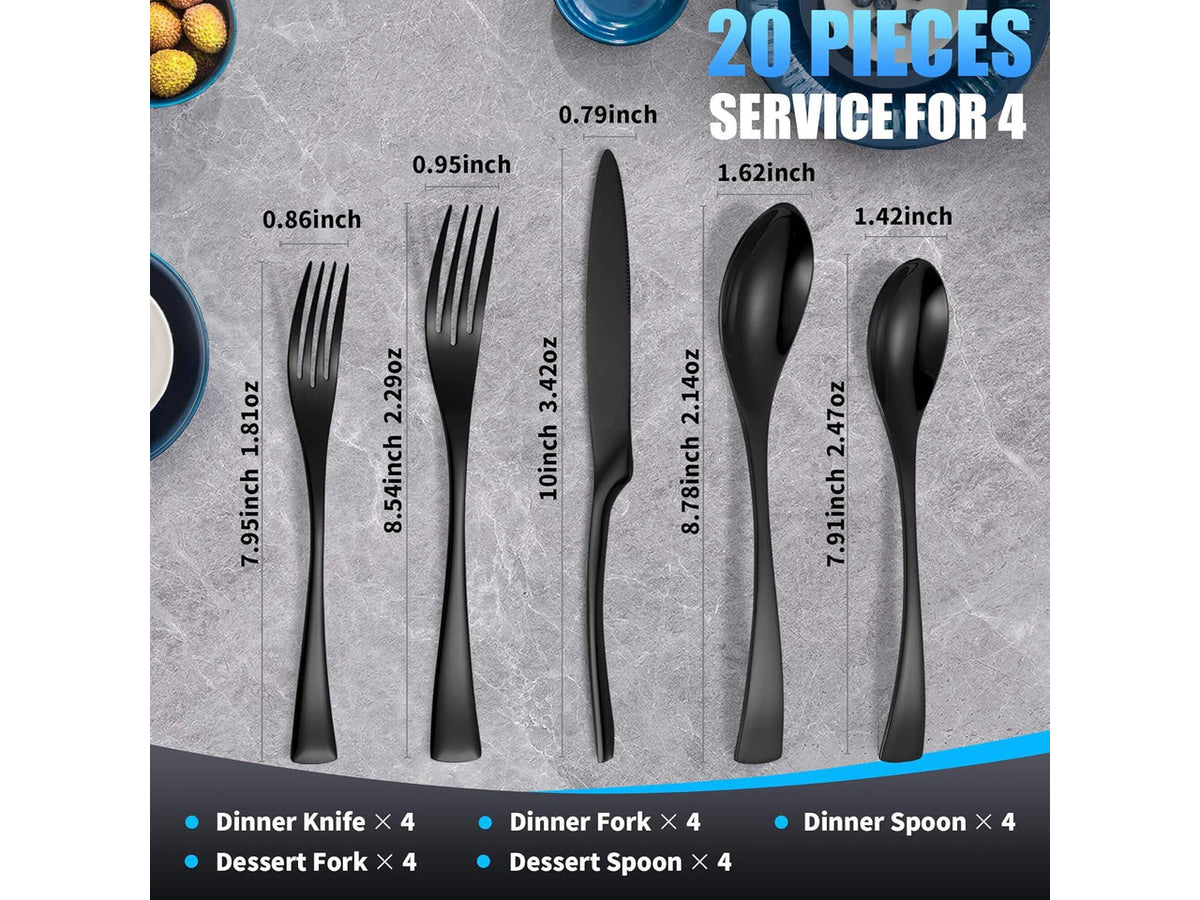 20-Piece Black Silverware Set for 4,Heavy Duty 18/10 Stainless Steel Flatware Set with Forged Stand Knife,Modern Cutlery Utensil Set,Forks Spoons and Knives Set,Mirror Polished,Dishwasher Safe