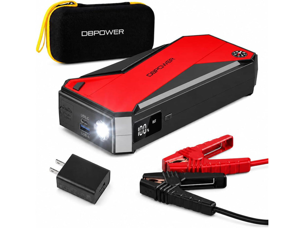 DBPOWER Peak 3000A 18000mAh Portable Car Jump Starter (up to 8.0L Gas, 6.0L Diesel Engine) Battery Booster with Smart Charging Port, Compass, LCD Screen and LED Light (Black/Red)