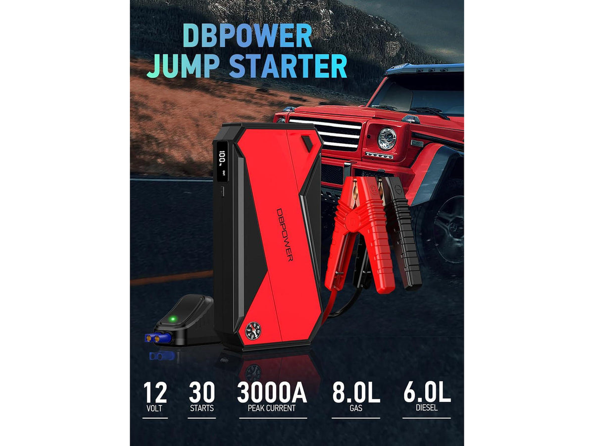 DBPOWER Peak 3000A 18000mAh Portable Car Jump Starter (up to 8.0L Gas, 6.0L Diesel Engine) Battery Booster with Smart Charging Port, Compass, LCD Screen and LED Light (Black/Red)