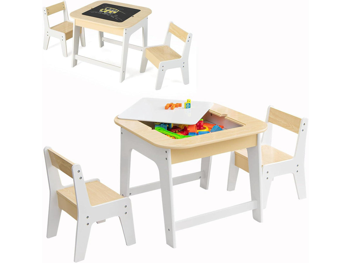 Costzon Kids Table and Chair Set, 3-in-1 Wooden Activity Table with Removable Tabletop, Blackboard & Whiteboard, Storage Space for Arts Crafts Nursery Preschool, Toddler Table and Chairs (Natural)