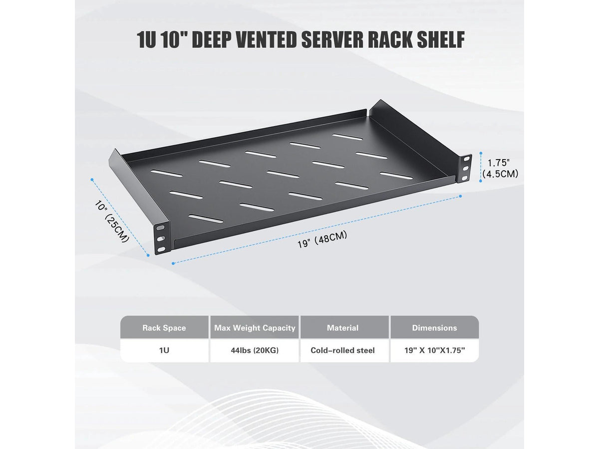 1U Server Rack Shelf, 10" Mounting Depth, Vented Rack Mount Shelf Cantilever Tray for 19" Equipment Racks and Cabinet, Weight Capacity 44lb, Black, 2PCS