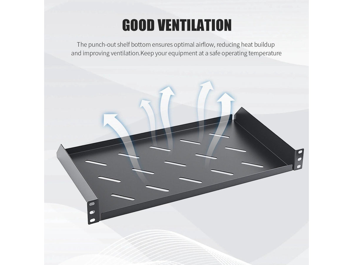 1U Server Rack Shelf, 10" Mounting Depth, Vented Rack Mount Shelf Cantilever Tray for 19" Equipment Racks and Cabinet, Weight Capacity 44lb, Black, 2PCS