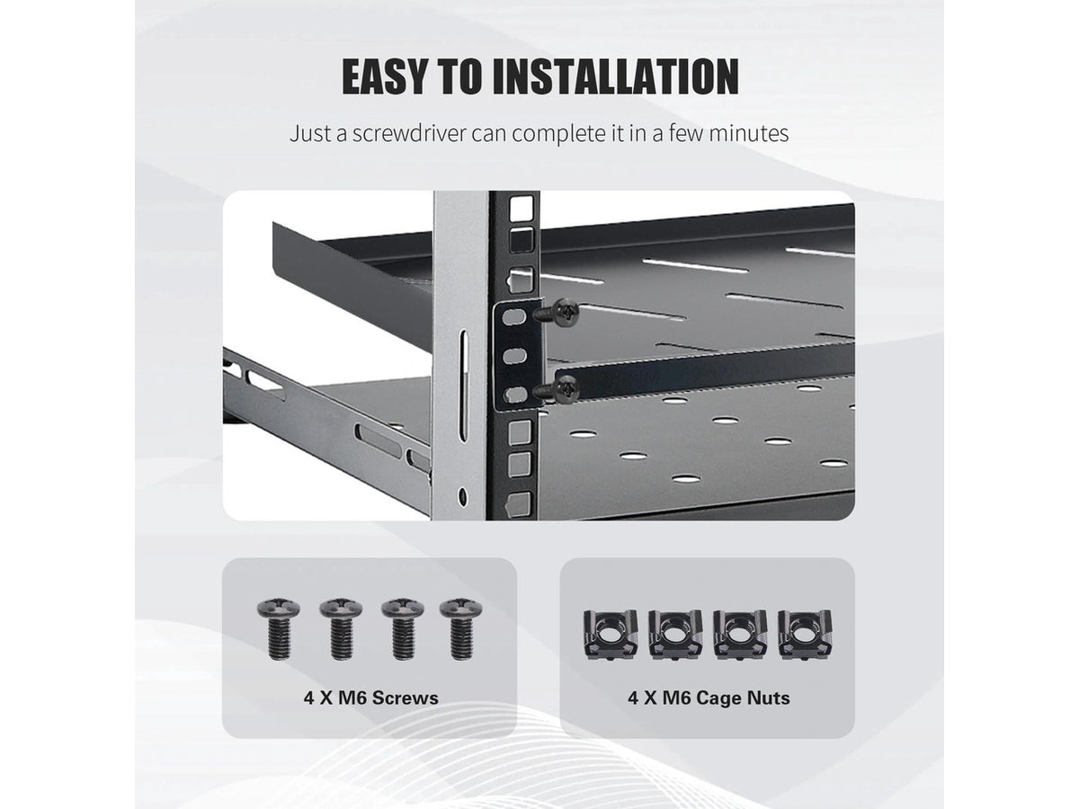 1U Server Rack Shelf, 10" Mounting Depth, Vented Rack Mount Shelf Cantilever Tray for 19" Equipment Racks and Cabinet, Weight Capacity 44lb, Black, 2PCS