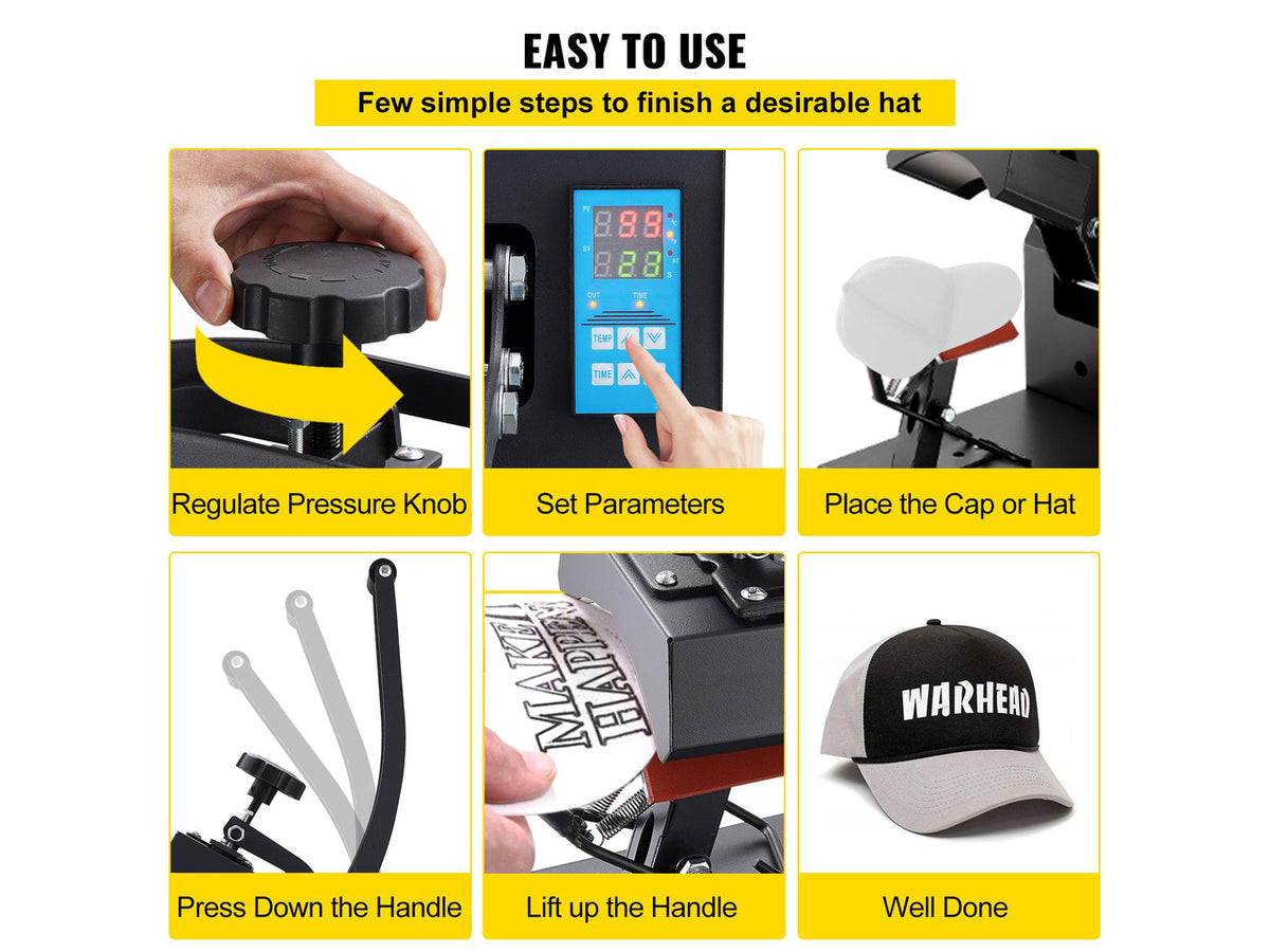 Heat Press 6x3.75Inch Curved Element Hat Press Clamshell Design Heat Press for Hats Rigid Steel Frame No Stick Digital LCD Timer and Temperature Control (6x3.75Inch Clamshell Design)