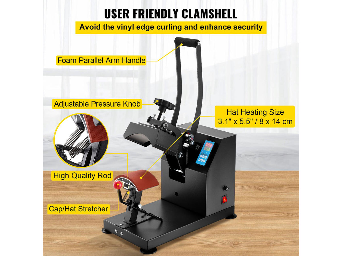 Heat Press 6x3.75Inch Curved Element Hat Press Clamshell Design Heat Press for Hats Rigid Steel Frame No Stick Digital LCD Timer and Temperature Control (6x3.75Inch Clamshell Design)