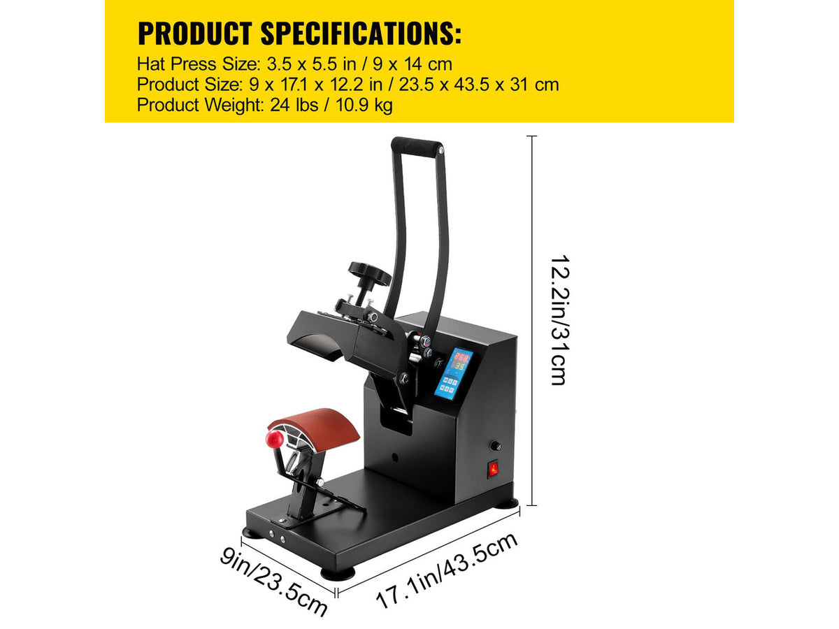 Heat Press 6x3.75Inch Curved Element Hat Press Clamshell Design Heat Press for Hats Rigid Steel Frame No Stick Digital LCD Timer and Temperature Control (6x3.75Inch Clamshell Design)