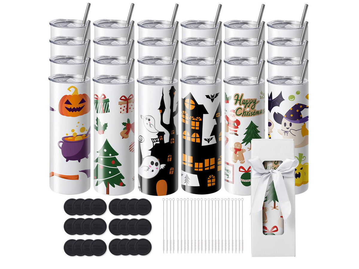 24 Pack Sublimation Tumblers 20oz Skinny Straight, Stainless Steel Sublimation Tumblers Blank, Stainless Steel Double Wall Tumbler for Heat Transfer Customized Gifts with Lid and Straw, Gift Box