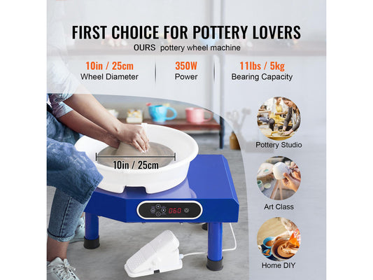 Pottery Wheel, 10in Ceramic Wheel Forming Machine, Foot Pedal ABS Detachable Basin, 60-300RPM Adjustable Speed Manual LCD Panel, Sculpting Tool Apron Accessory Kit for Work Art Craft DIY
