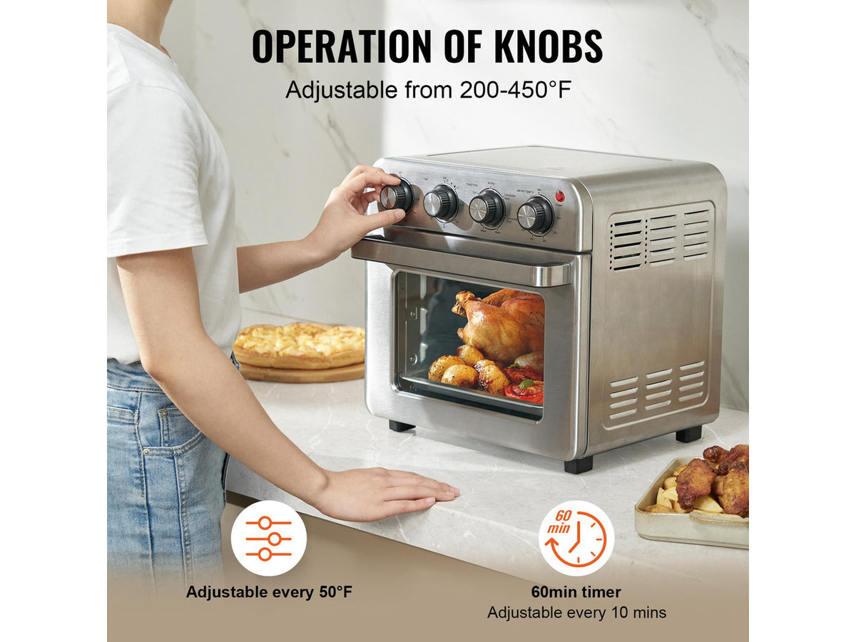 7-IN-1 Air Fryer Toaster Oven, 18L Convection Oven, 1700W Stainless Steel Toaster Ovens Countertop Combo with Grill, Pizza Pan, Gloves, 6 Slices Toast, 12-inch Pizza, Home and Commercial Use