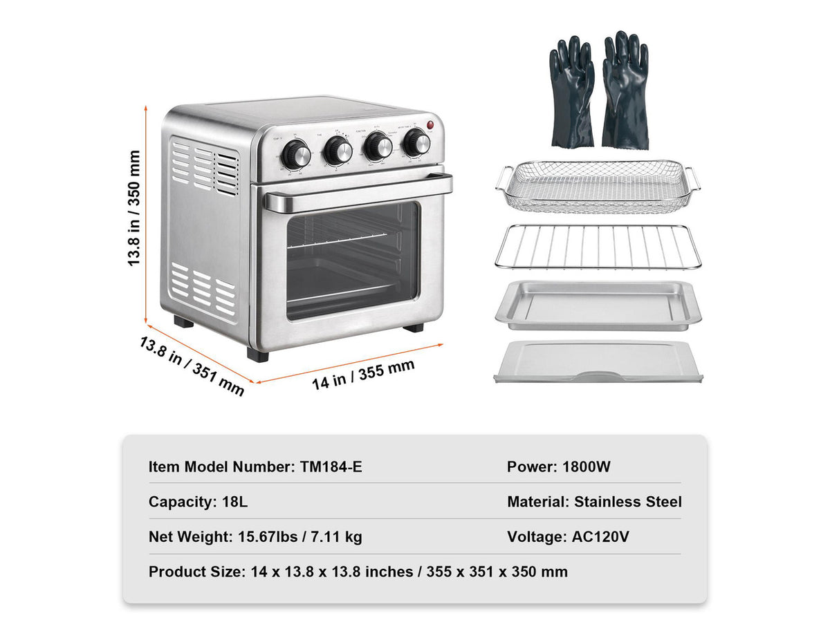7-IN-1 Air Fryer Toaster Oven, 18L Convection Oven, 1700W Stainless Steel Toaster Ovens Countertop Combo with Grill, Pizza Pan, Gloves, 6 Slices Toast, 12-inch Pizza, Home and Commercial Use