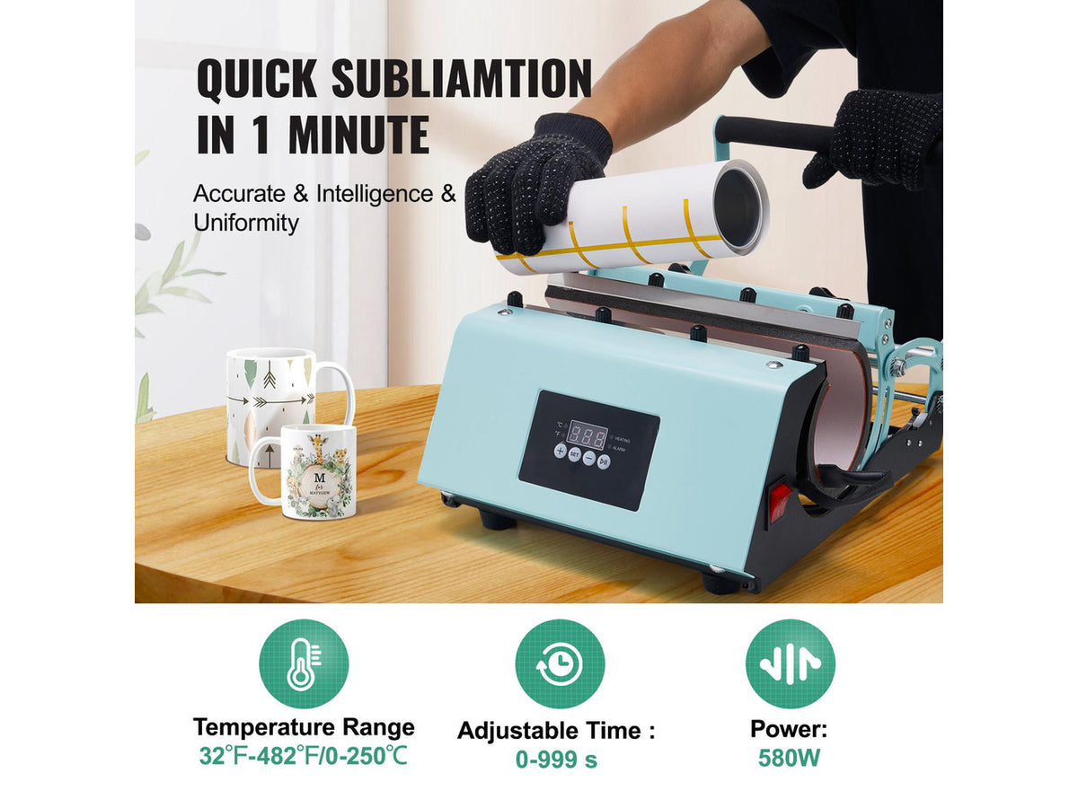 Tumbler Heat Press Machine, 11-30oz Mug Press, Heat Up Fast and Even, Tumbler Press with Sublimation Paper, Tape and Gloves, Temp and Time Setting, for Sublimation Tumblers, Cups, Mugs, Green