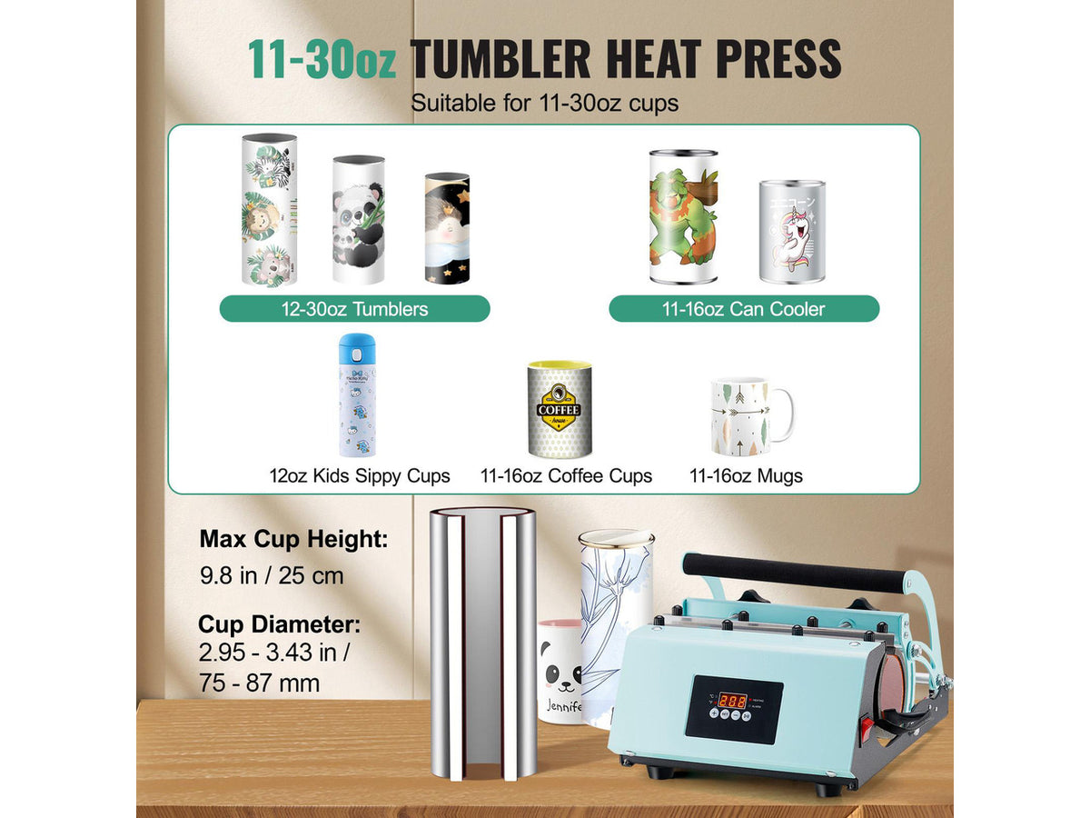 Tumbler Heat Press Machine, 11-30oz Mug Press, Heat Up Fast and Even, Tumbler Press with Sublimation Paper, Tape and Gloves, Temp and Time Setting, for Sublimation Tumblers, Cups, Mugs, Green