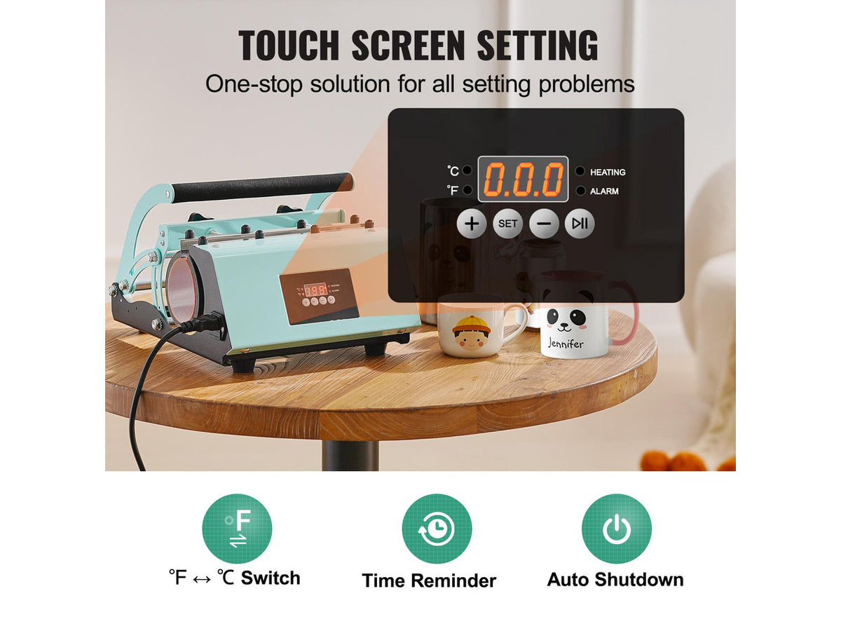 Tumbler Heat Press Machine, 11-30oz Mug Press, Heat Up Fast and Even, Tumbler Press with Sublimation Paper, Tape and Gloves, Temp and Time Setting, for Sublimation Tumblers, Cups, Mugs, Green