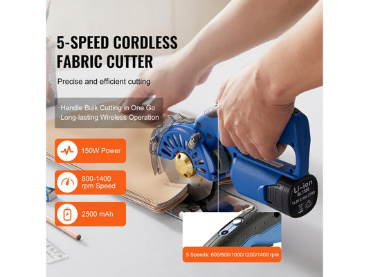 Fabric Cutter, 5-Speed Cordless Electric Rotary Fabric Cutting Machine, 1.1" Cutting Thickness, Octagonal Knife, with Replacement Blade and Battery Charger, for Multi-Layer Cloth Fabric Leather