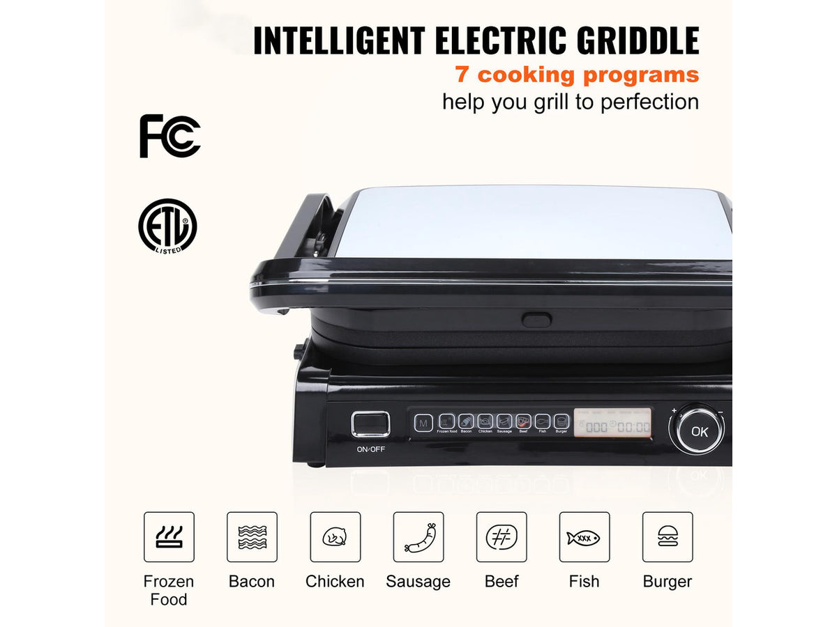 7 IN 1 Commercial Electric Griddle, 14.4" 1800W Indoor Countertop Grill, Stainless Steel Restaurant Teppanyaki Grill with Non Stick Iron Cooking Plate, 0-446 Adjustable Temp Control 110V